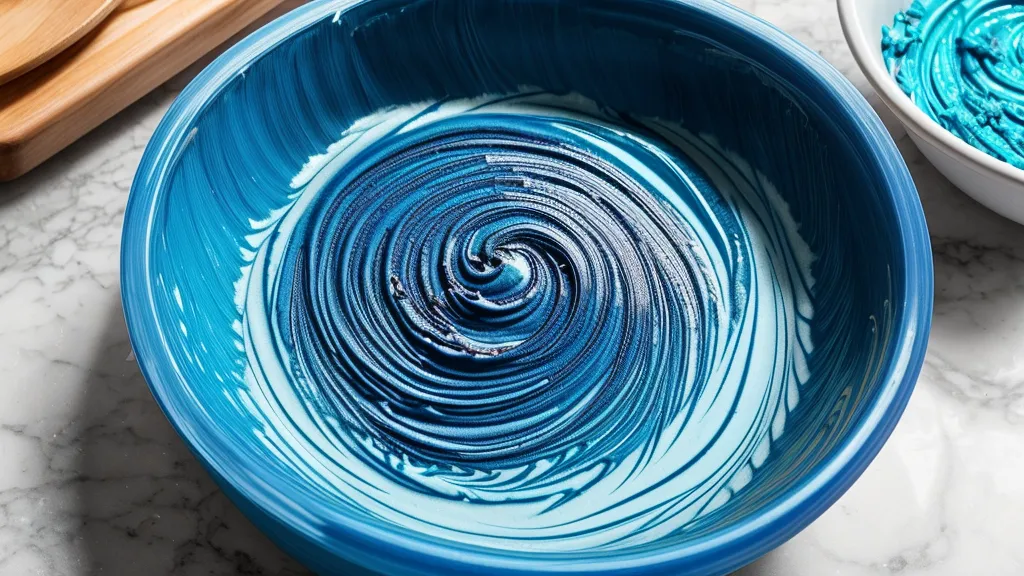 Mezcla espesa de matizador azul en un bol de plástico para neutralizar reflejos naranjas