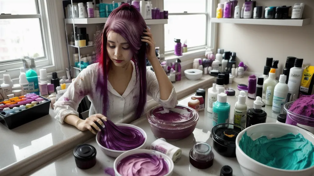 Bote de revelador y tubo de tinte con amoniaco abiertos sobre una toalla vieja para el cuidado del cabello en casa